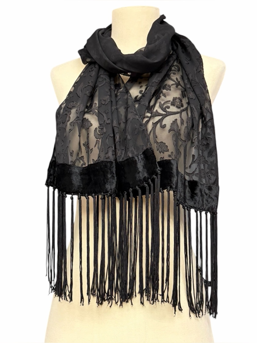 Black Sheer Floral Burnout Velvet Fringe Scarf Shawl Wrap Boho Stevie Nicks
